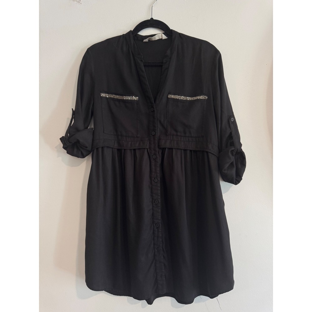 Zara Button Front Babydoll Tunic Women Small Black Beaded Pocket